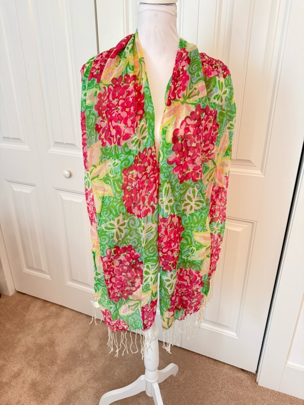 Lilly Pulitzer Pink, Green & Yellow Floral Scarf with Fringe Silk Cashmere Blend